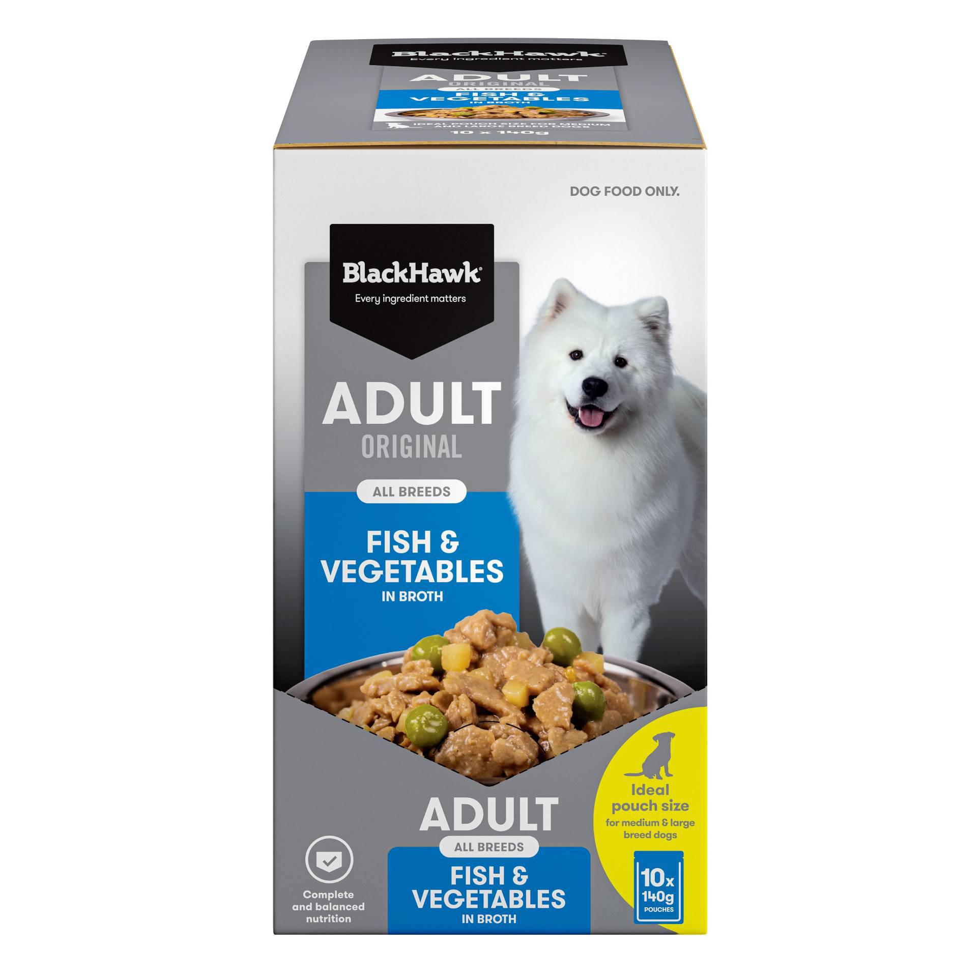 Black Hawk – Wet Food Pouches – Adult Dog – Fish & Vegetables – 10 X 140g