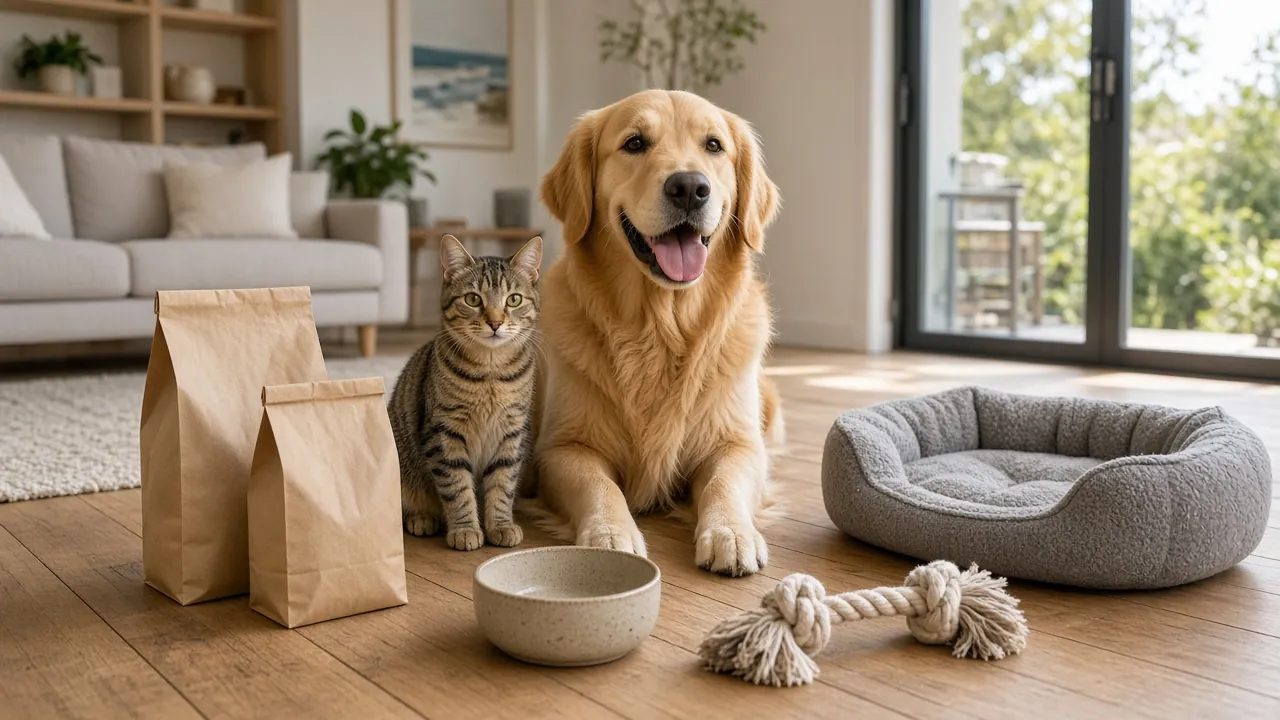 Happy golden retriever and tabby cat with pet food, bowl, rope toy and pet bed from an online pet shop in Australia