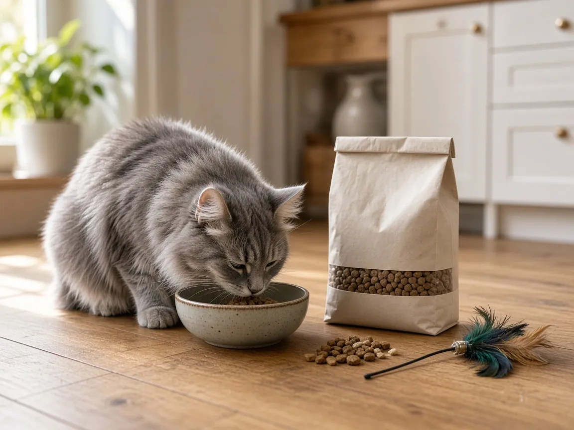 Grey cat eating dry cat food next to cat treats and a feather toy from an online pet shop