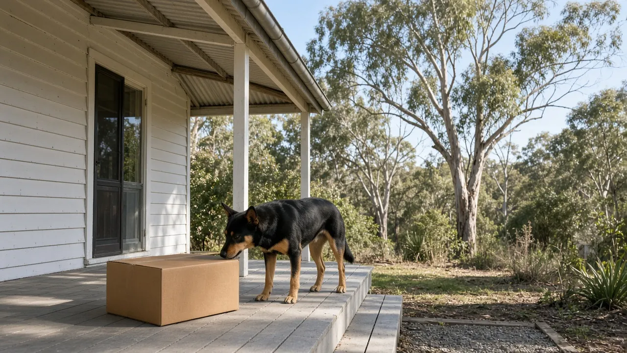 Pet supplies parcel delivered to an Australian home verandah with a kelpie sniffing the box