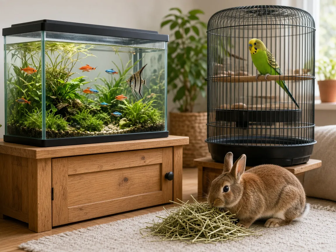 Aquarium fish, a budgie and a rabbit eating timothy hay, supplied by an online pet shop in Australia