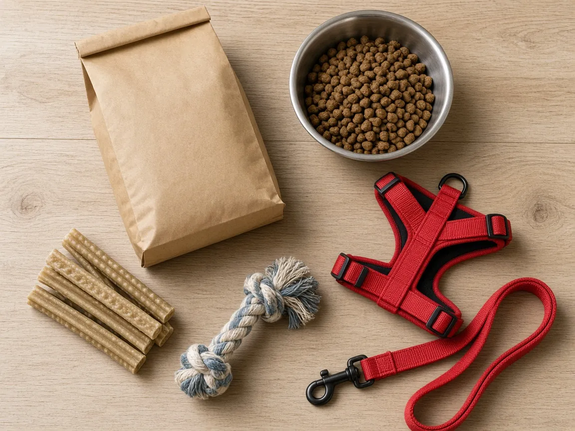 Dog food, dental chews, rope toy, harness and lead from an Australian online pet store