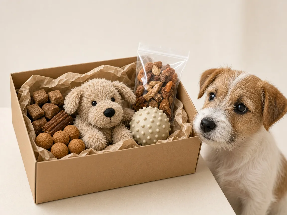 Puppy looking into a monthly pet subscription box of treats and toys from an Australian pet store